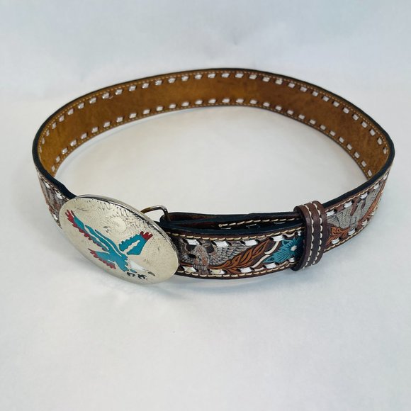 Beautiful Vintage 1960’s Turquoise Inlay Bald Eagle Silver Belt Buckle And Belt main image 5